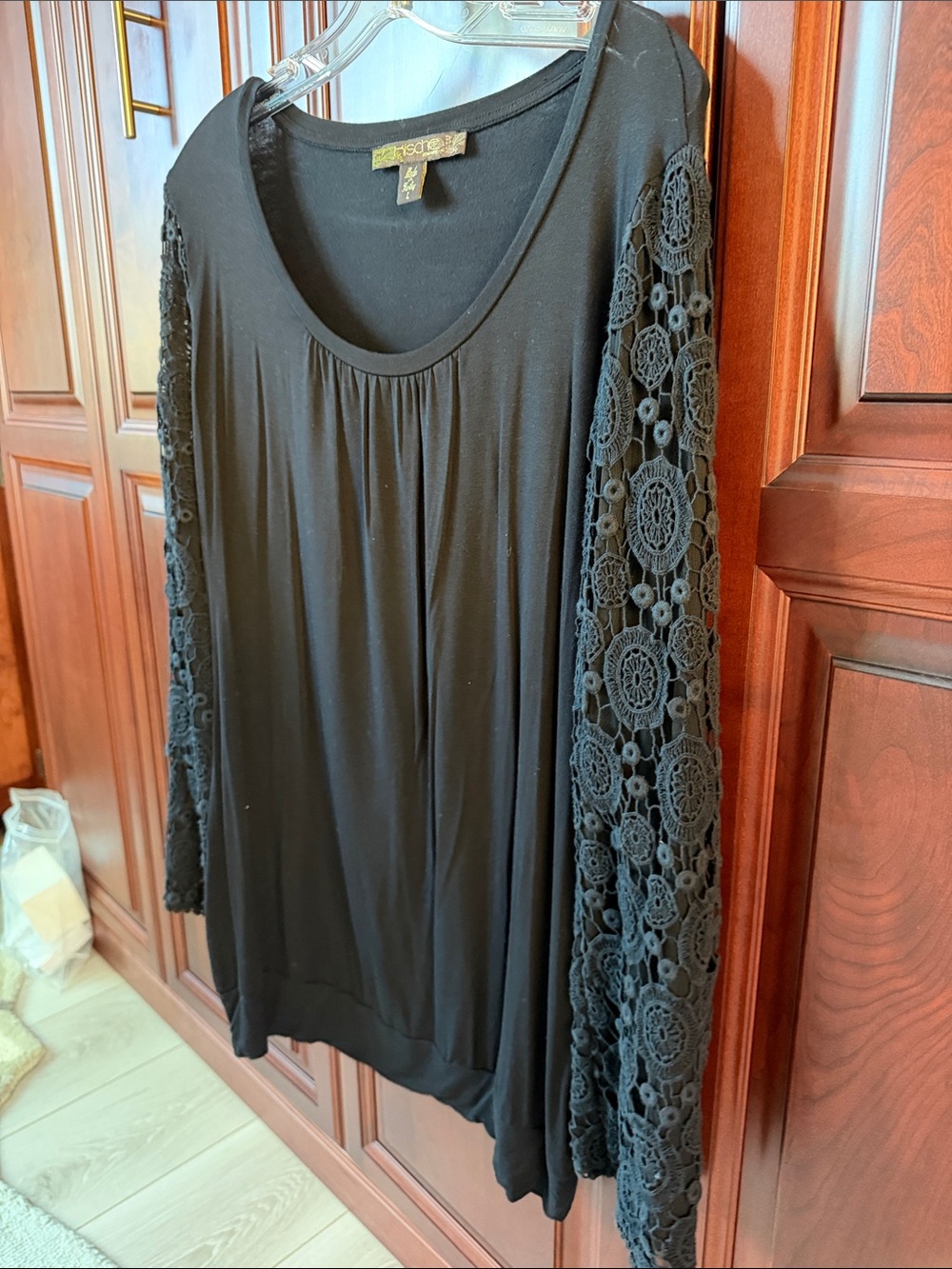 Black Long-Sleeve Top with Crochet Lace Bell Sleeves